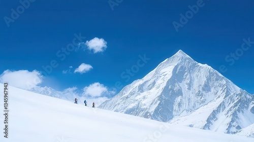 Adventurers Trekking on Snowy Mountain Peak Under Clear Blue Sky with Majestic Summit in the Background and White Fluffy Clouds
