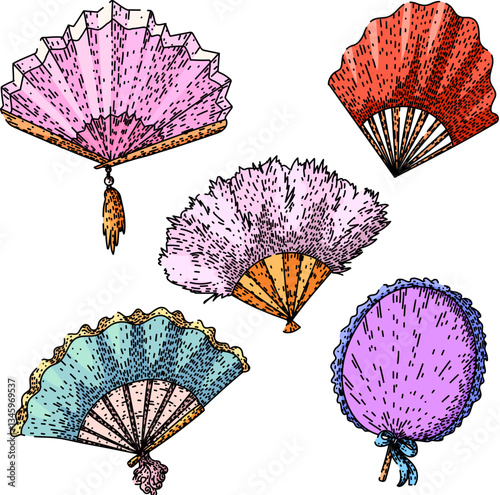 old fashioned fan set sketch hand drawn vector