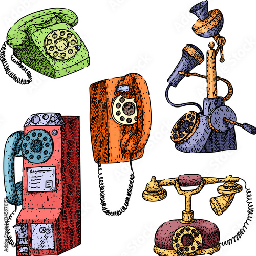rotary telephone set sketch hand drawn vector