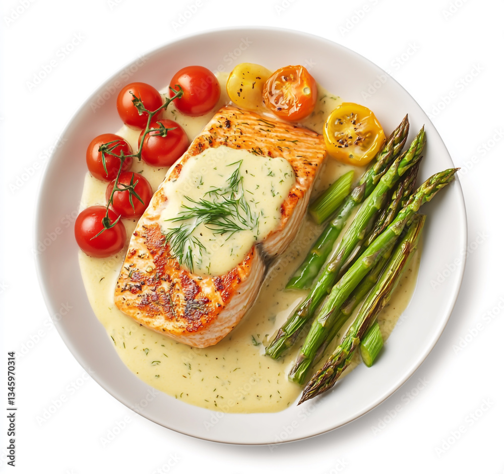 A plate of salmon fillet with dill cream sauce, asparagus, and cherry tomatoes on a white background A plate of salmon fillet with dill cream sauce, asparagus, and cherry tomatoes on a white background