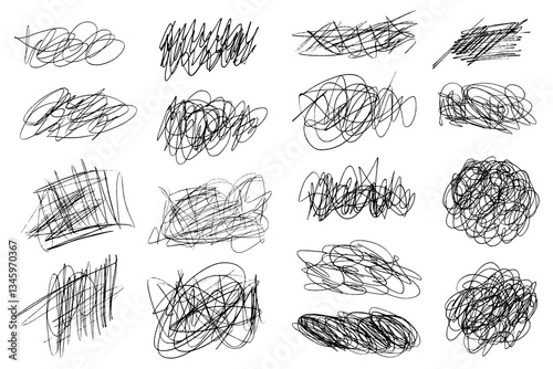 Tangled chaotic crazy lines set. Random chaotic scribble lines collection on white background. Scrawl messy lines, expressive linework sketches.