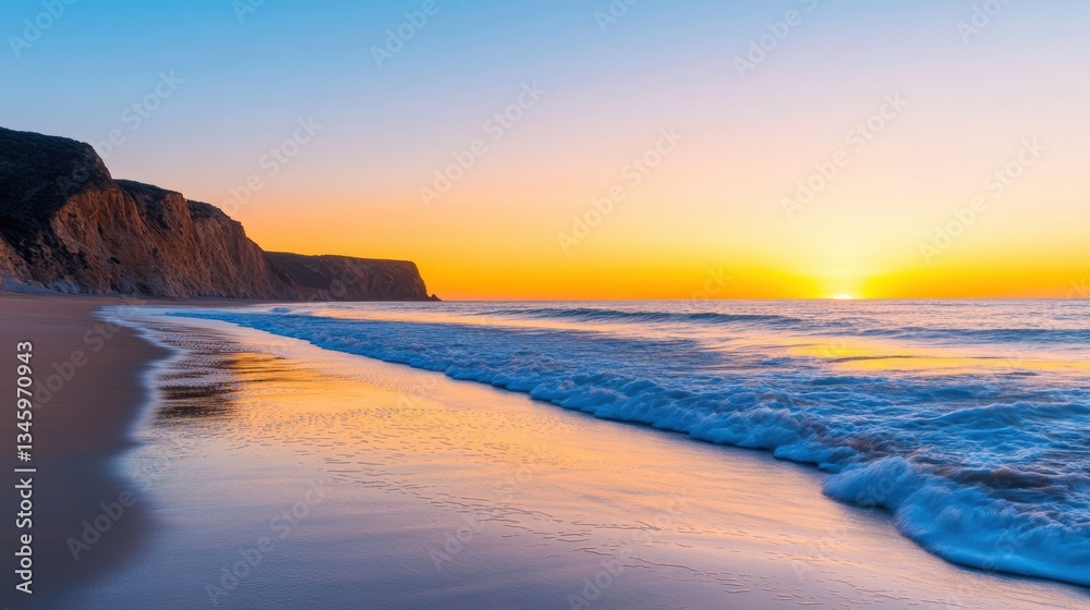 Obraz premium A serene beach scene at sunset, featuring gentle waves, colorful skies, and majestic cliffs.
