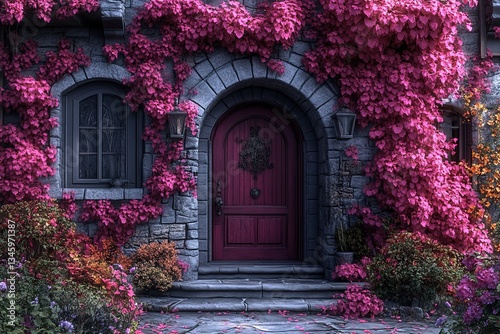 Castle entry with pink vines  stone archway  window   ornate wooden door