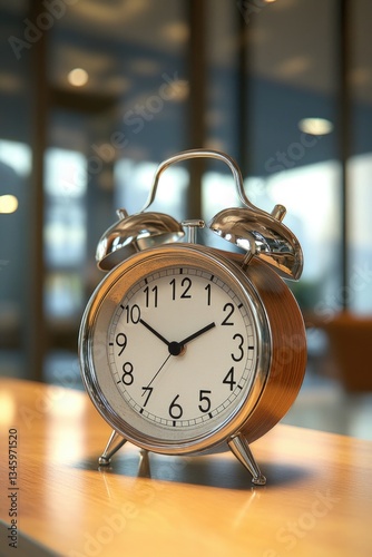 A close-up view of an alarm clock sitting on a wooden table, ready to wake you up