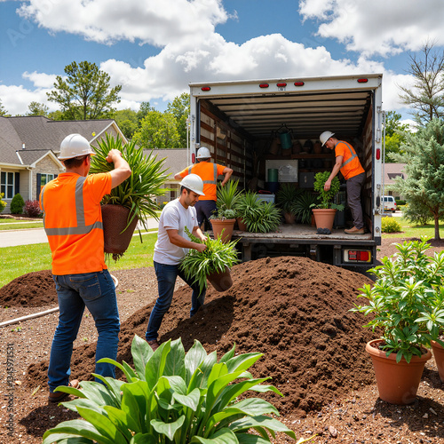 Team of landscapers unloading plants and soil from truck, project preparation