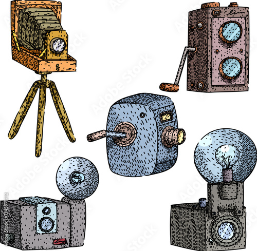 vintage camera set sketch hand drawn vector