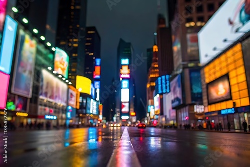 Blurred Times Square Night View with Bright Neon Lights and Wet Reflections on Pavement in New York City