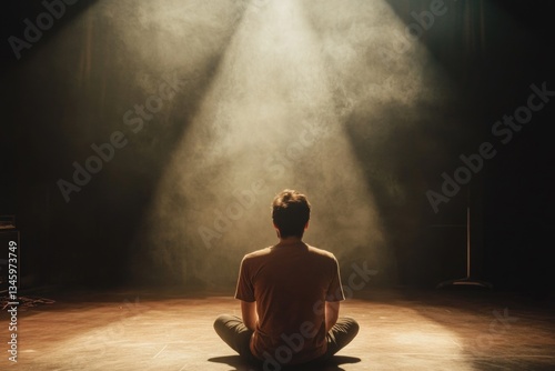 A person sitting on the floor near a light source, possibly for reading or relaxation