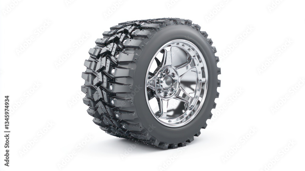 Obraz premium Chrome rim and off-road tire isolated on white background.