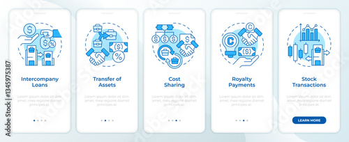 Intercompany transactions blue onboarding mobile app screen. Walkthrough 5 steps editable graphic instructions with linear concepts. UI, UX, GUI template. Montserrat SemiBold, Regular fonts used