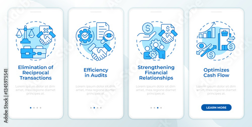 Intergroup accounting blue onboarding mobile app screen. Walkthrough 4 steps editable graphic instructions with linear concepts. UI, UX, GUI template. Montserrat SemiBold, Regular fonts used