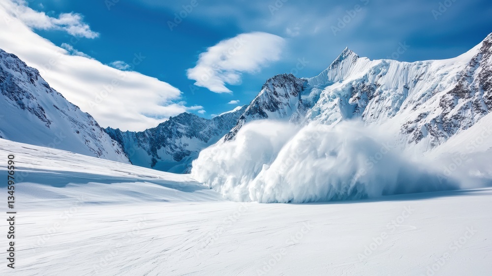 Fototapeta premium A breathtaking snowy landscape featuring towering mountains and a dramatic avalanche cascading down.