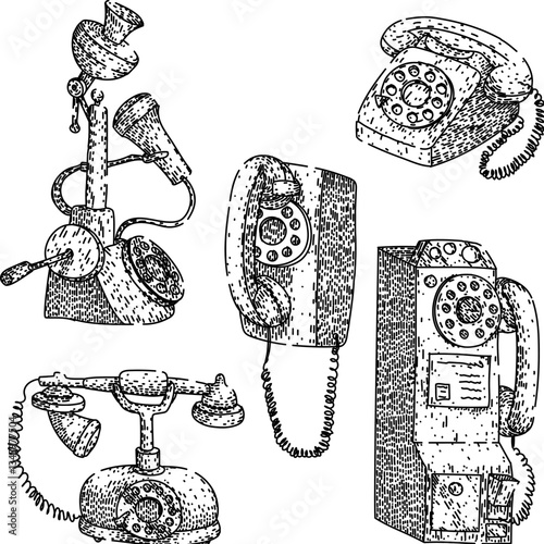 rotary telephone set sketch hand drawn vector