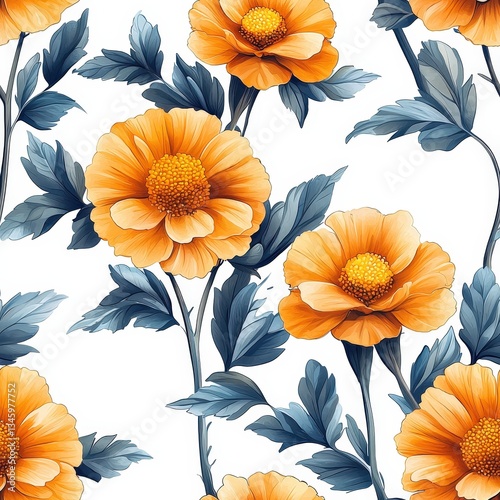 Wallpaper Mural Marigold flower plant flora bloom botany seamless pattern ornament design, tile Torontodigital.ca