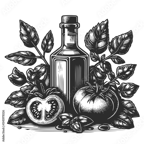 Classic depiction of oil bottle with vine tomatoes and basil artwork
