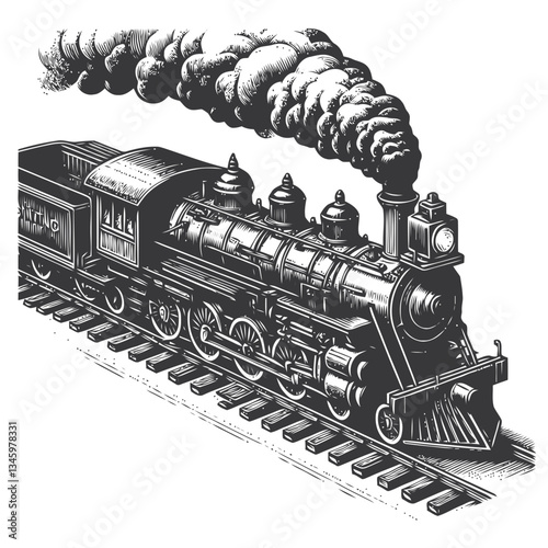 Classic steam train with dramatic smoke in vintage engraving illustration