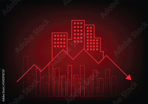 Real estate critical crisis concept. House and resident with dropdown red graph and bar chart.