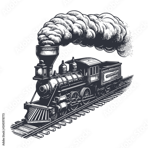 Detailed hand-drawn steam engine with dense smoke and vintage design