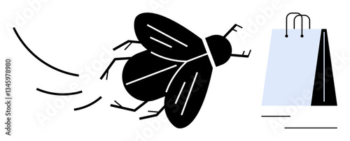 Black fly buzzing with movement lines near a shopping bag. Ideal for consumer behavior, distraction, unexpected, humor, retail, decision-making, and environment themes. Flat simple metaphor