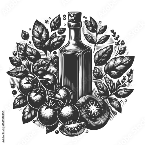 Stylized depiction of oil bottle with tomatoes and basil engraving