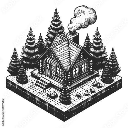 Rustic cabin with chimney smoke surrounded by serene forest scene
