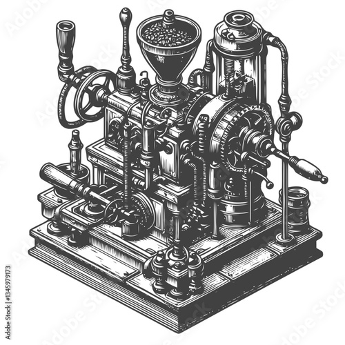 Intricate Steampunk Coffee Machine Depicting Vintage Gears and Artistic Pipes