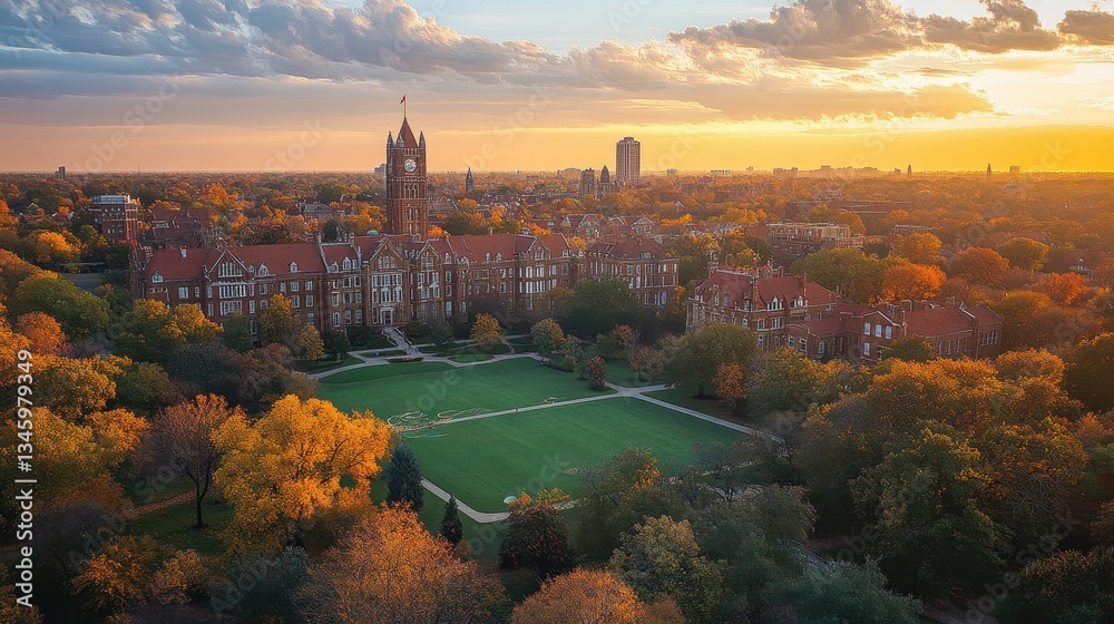Naklejka premium An aerial perspective reveals a grand university campus at sunset