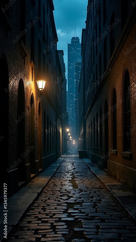 Fototapeta premium A dimly lit, deserted alleyway with cobblestone pavement and old-fashioned street lamps