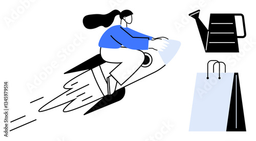 Woman riding a rocket signifies progress and ambition. Watering can and shopping bag represent nurturing growth and consumerism. Ideal for business, innovation, growth, e-commerce, entrepreneurship