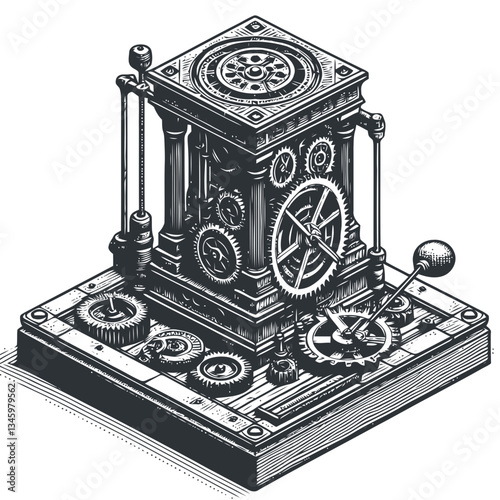Industrial Steampunk Clock Tower Design with Swinging Pendulum and Exposed Gears