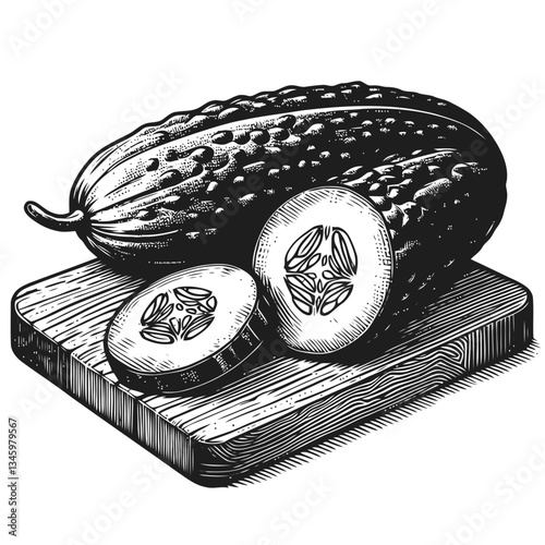 Detailed engraved illustration of cucumber on rustic cutting board