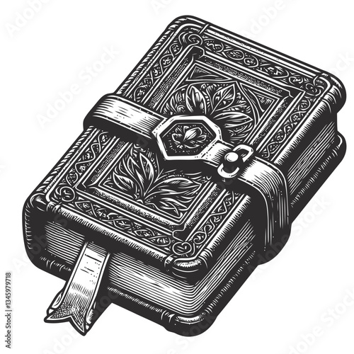 Engraving of a leather-bound journal featuring a unique rustic bookmark