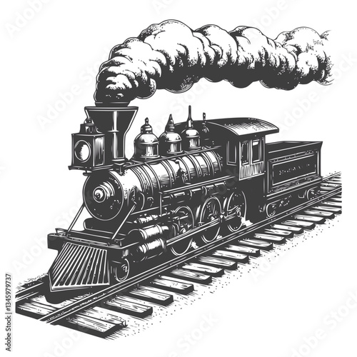 Vintage engraving of a steam locomotive with prominent smoke trails