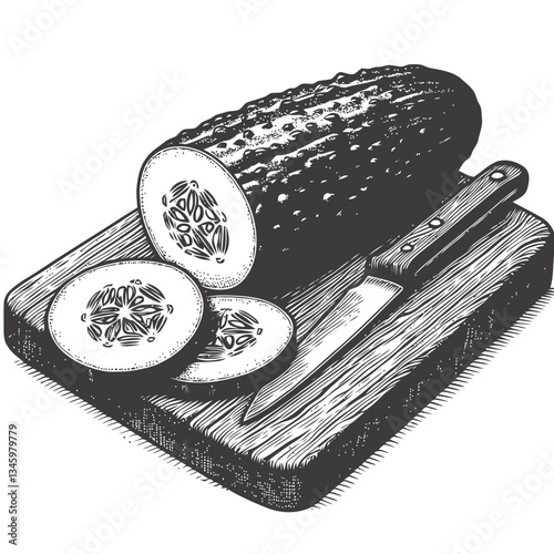 Artistic engraved cucumber illustration on natural wooden cutting board