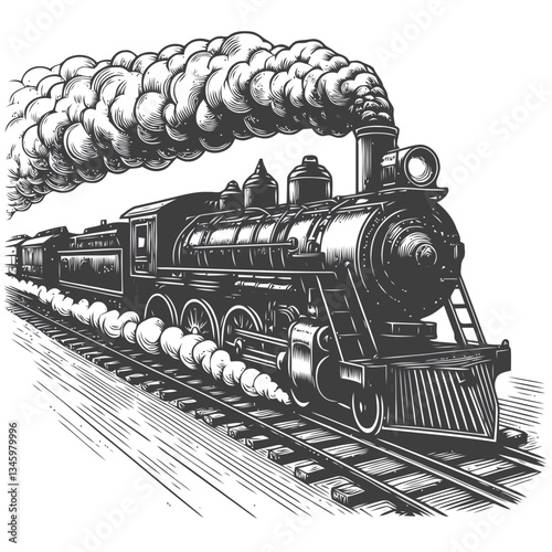 Historic steam train with heavy smoke trails and vintage engraving detail