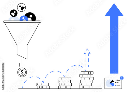 Funnel filtering leads into dollar signs, stacks of coins increasing in height, blue upward arrow symbolizing growth. Ideal for business, marketing, conversion, efficiency, strategy, analytics