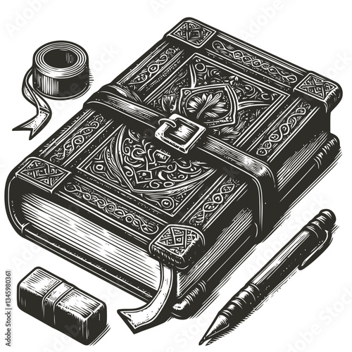 Detailed artistic engraving of a leather journal and aged bookmark sketch