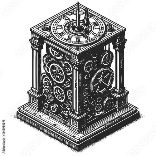 Ornate Steampunk Clock Tower Design with Gears and Swinging Pendulum