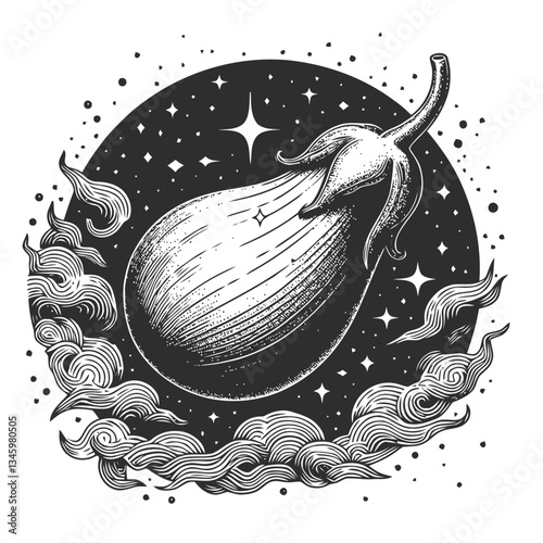 Engraving of a mystical eggplant glowing in a starry night scene