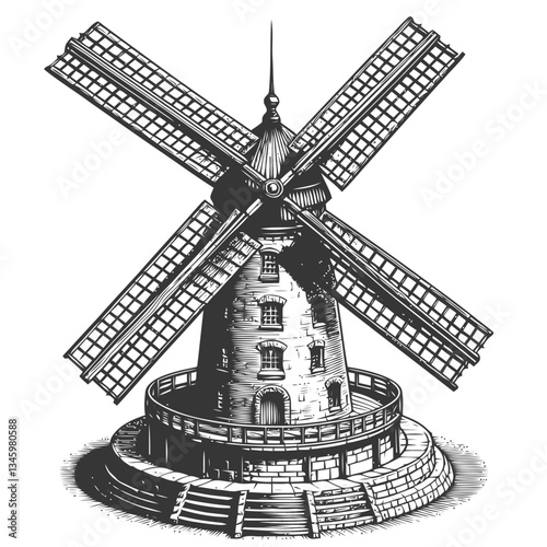 Hand-drawn rural windmill with intricate blades and solid stone foundation