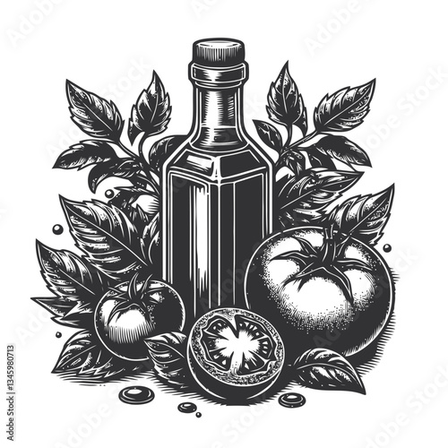 Delicate illustration of oil bottle with tomatoes and basil artwork