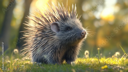 A porcupine stands in the grass, its quills visible