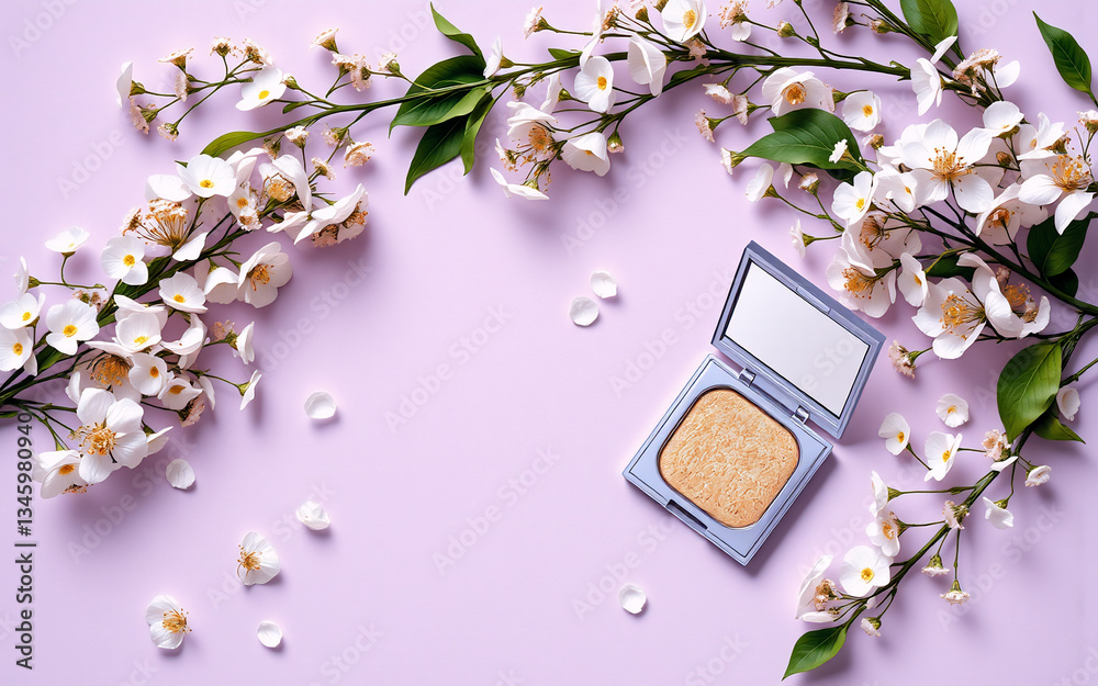 Fototapeta premium A makeup powder compact sits open on a light purple backdrop, adorned with delicate white blossoms and fresh green leaves, creating a spring inspired scene.