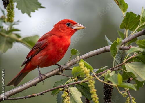 A Northern Red Cardinal bird in a tree. Close up red bird. beautiful red bird on a branch. 