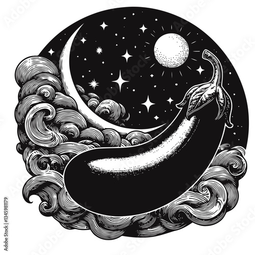 Illustration of a radiant eggplant drifting in a magical starlit sky