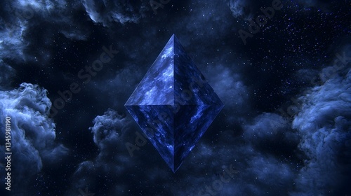 Mystical blue crystal pyramid floats in a nebula, cosmic background.  Perfect for fantasy, sci-fi, or abstract designs.
