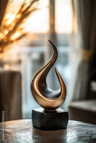A sculpture sits on a table near a window with natural light