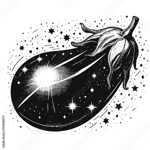 Floating eggplant with radiant light in an ethereal starry sky