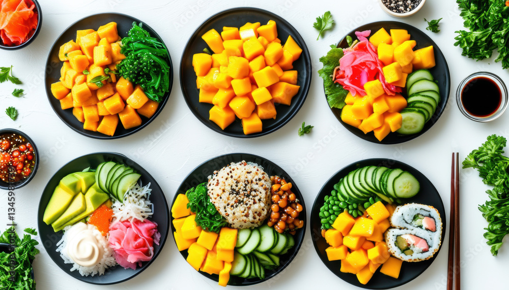 Top view of modern poke bowl ingredients with mango, sushi, and fresh vegetables with copy space Top view of modern poke bowl ingredients with mango, sushi, and fresh vegetables with copy space
