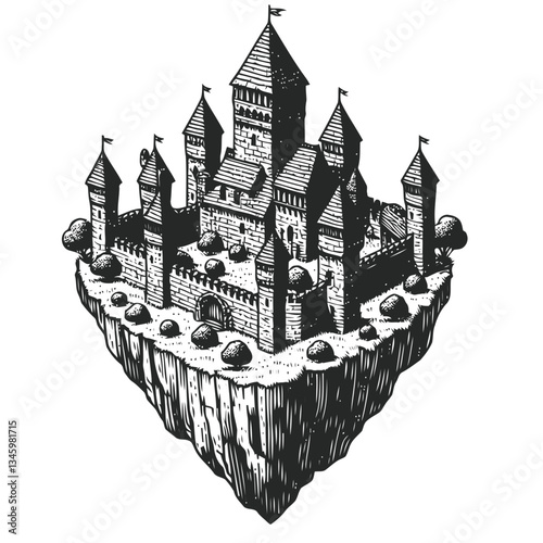 A charming medieval castle on a floating island with intricate details